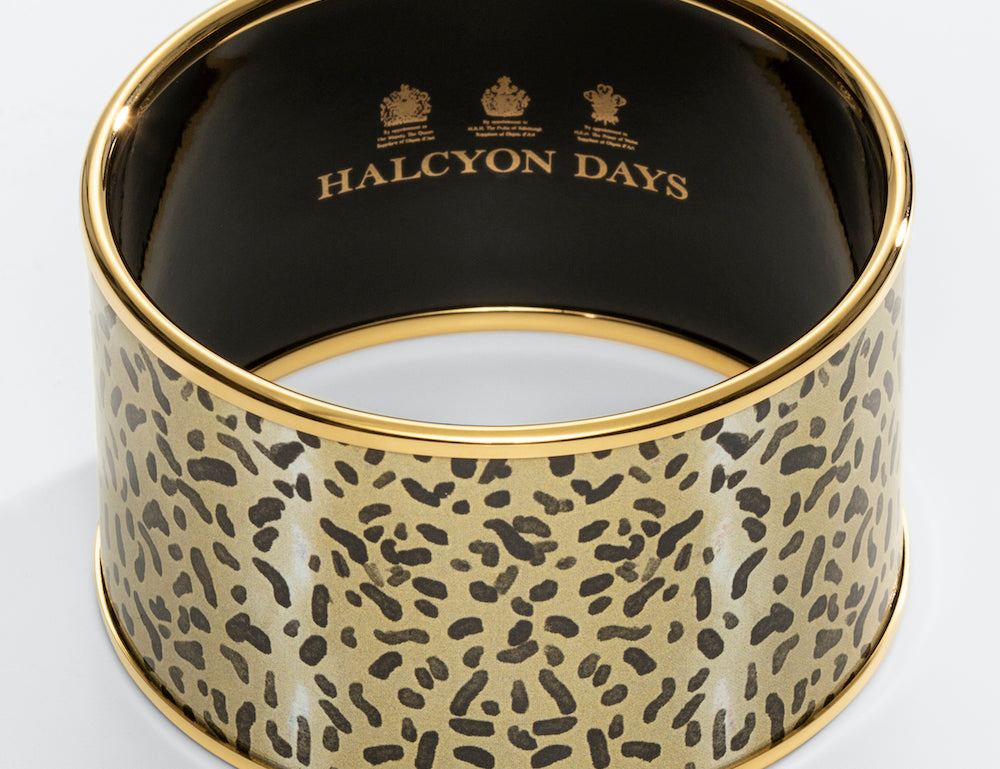 Halcyon Days enamel cuff in leopard print with gold rims